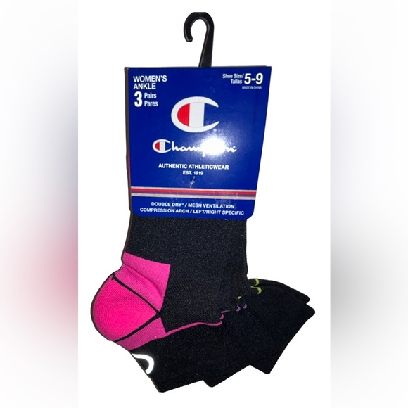 Champion Ankle Socks 3 Pair Women's 5-9 Black Multicolor w Logo Compression Arch - Picture 1 of 11